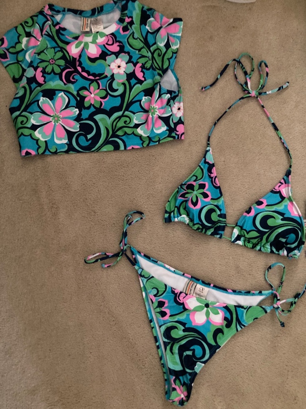 Ocean Pacific OP 3 Piece Swimwear Short Sleeve Crop Top & Bikini Top/Bottom